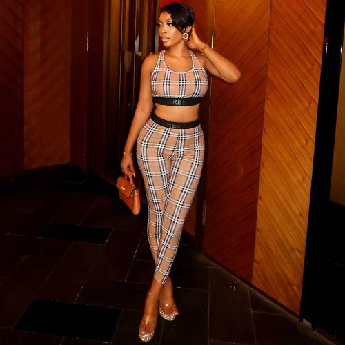Fashion Plaid Sportswear Vest Trousers Two-piece Set