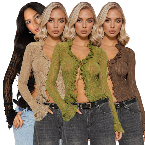 Y2K Hollow Lace V-neck Cardigan Long-sleeved Tie Top