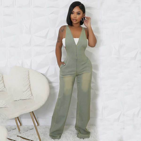 Tight Stretch Washed Denim Sling Wide Leg Jumpsuit