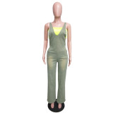 Tight Stretch Washed Denim Sling Wide Leg Jumpsuit