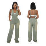 Tight Stretch Washed Denim Sling Wide Leg Jumpsuit