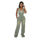 Tight Stretch Washed Denim Sling Wide Leg Jumpsuit