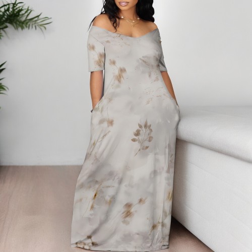 1 Custom Casual Digital Printing Off Shoulder V Neck Maxi Dress with Pockets