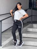 Casual Embroidered V-Neck Short Sleeve Top Trousers Set