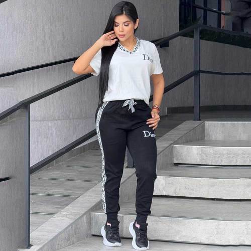 Casual Embroidered V-Neck Short Sleeve Top Trousers Set