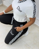 Casual Embroidered V-Neck Short Sleeve Top Trousers Set