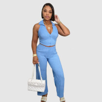 Solid Color Sleeveless Top Pleated Casual Pants Set