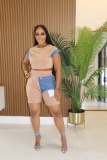 Casual Denim Patchwork Short Sleeved Top Two-piece Short Set