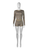 Sexy Copper Coin Print Long Sleeve Round Neck Shorts Two Piece Set