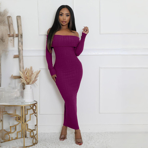 Off the Shoulder Long Sleeve Ribbed Dresses Elegant Party Bodycon Maxi Dress