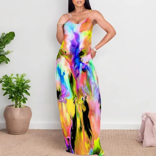 1 Custom Casual Digital Printing Straps Long Dress with Pocket