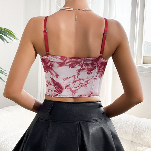 Retro Print Contrast Color Vest Fishbone Camisole Steel Ring Corset