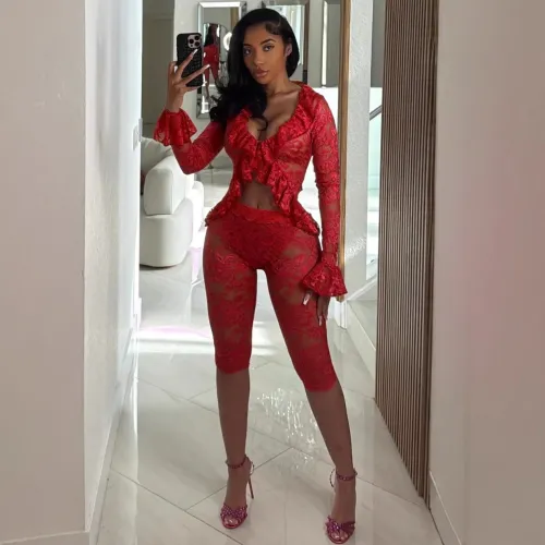 Spring Solid Color Hollow Lace Long Sleeve Two-piece Set