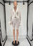 Solid Color Fur Collar Stretch Lace-up Top Shorts Set