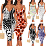 1 Custom Casual Digital Printing Straps V Neck Midi Dresses