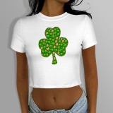 1 Custom Casual Digital Printing Four Leaf Clover Pattern Round Neck Crop Tee