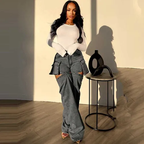 Women's Sexy Denim Pants Hollow Out Detachable Into Shorts Y2K Stretch Cargo Jeans