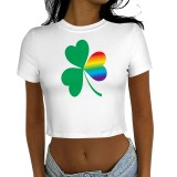 1 Custom Casual Digital Printing Four Leaf Clover Pattern Round Neck Crop Tee