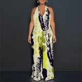 1 Custom Casual Digital Printing Halter Backless One Piece Jumpsuits with Pockets
