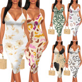 1 Custom Casual Digital Printing Straps V Neck Midi Dresses