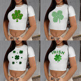 1 Custom Casual Digital Printing Four Leaf Clover Pattern Round Neck Crop Tee
