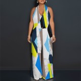 1 Custom Casual Digital Printing Halter Backless One Piece Jumpsuits with Pockets
