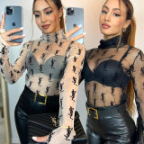 Sexy See-through High Neck Long Sleeve Flocking Shirt