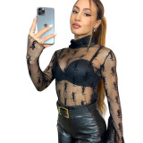 Sexy See-through High Neck Long Sleeve Flocking Shirt