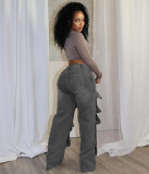 Women Button Cutout Straight Denim Jeans Pants Party Cargo Trousers