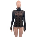 Sexy See-through High Neck Long Sleeve Flocking Shirt