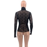 Sexy See-through High Neck Long Sleeve Flocking Shirt