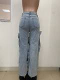 Women Button Cutout Straight Denim Jeans Pants Party Cargo Trousers