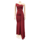 Solid One Shoulder Bodycon Maxi Dress Ruched Bridesmaid Evening Dress