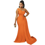 Solid One Shoulder Bodycon Maxi Dress Ruched Bridesmaid Evening Dress
