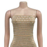 Solid Color Hot Drilling Strapless Long Evening Dress