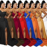 Solid One Shoulder Bodycon Maxi Dress Ruched Bridesmaid Evening Dress