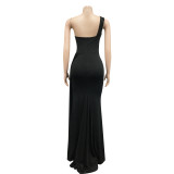 Solid One Shoulder Bodycon Maxi Dress Ruched Bridesmaid Evening Dress