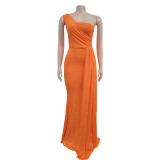 Solid One Shoulder Bodycon Maxi Dress Ruched Bridesmaid Evening Dress