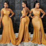 Solid One Shoulder Bodycon Maxi Dress Ruched Bridesmaid Evening Dress
