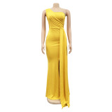 Solid One Shoulder Bodycon Maxi Dress Ruched Bridesmaid Evening Dress