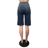 Retro Drawstring Stretch Washed Denim Mid Shorts