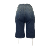 Retro Drawstring Stretch Washed Denim Mid Shorts