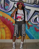 Retro Drawstring Stretch Washed Denim Mid Shorts