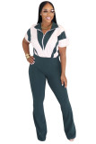 Spring/Summer Short-sleeved Stitching Contrast Color Jumpsuit