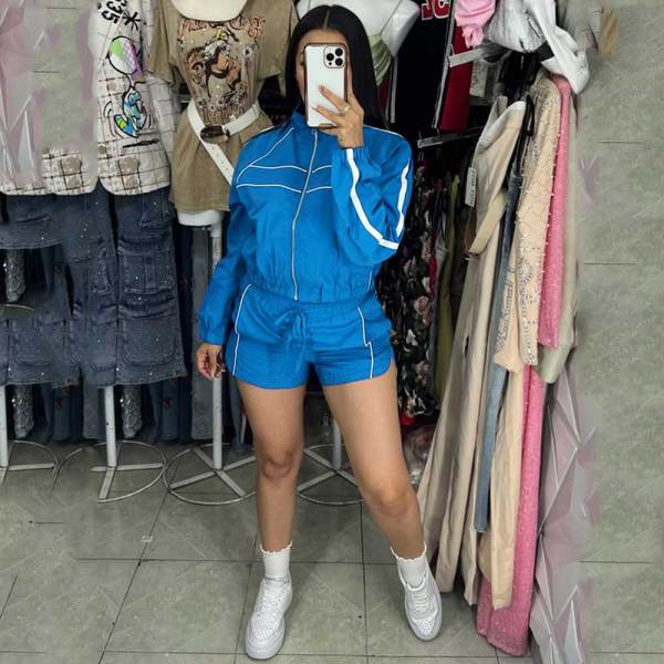 Sexy Long Sleeve Zipper Contrast Color Ribbon Two-Piece City Sport Set