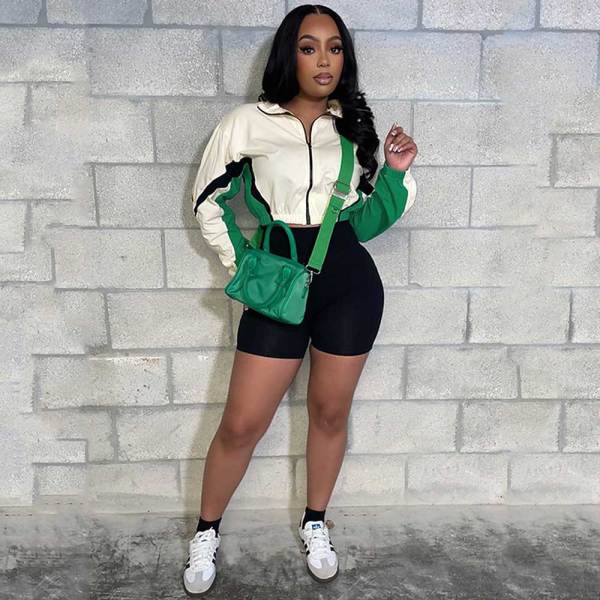 Spliced Contrast Color Zipper Long Sleeve Shorts Sports Two-piece