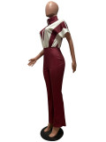 Spring/Summer Short-sleeved Stitching Contrast Color Jumpsuit