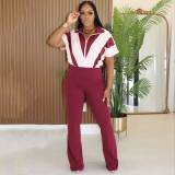 Spring/Summer Short-sleeved Stitching Contrast Color Jumpsuit