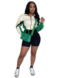 Spliced Contrast Color Zipper Long Sleeve Shorts Sports Two-piece