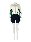 Spliced Contrast Color Zipper Long Sleeve Shorts Sports Two-piece